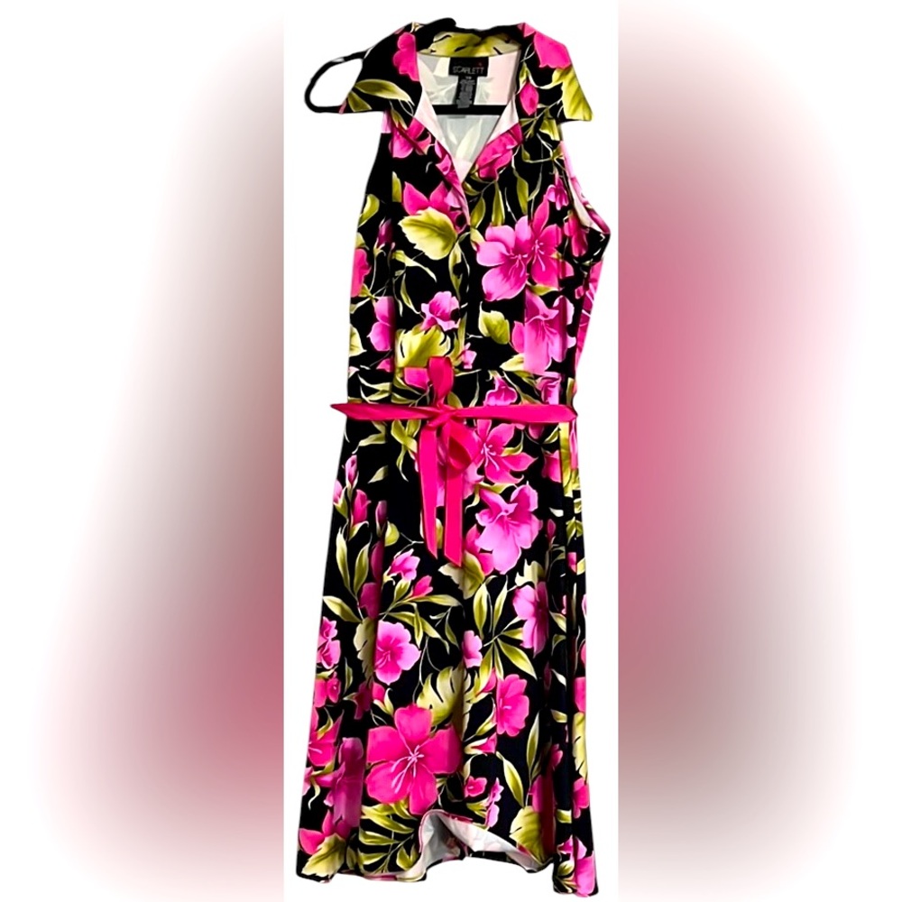 SCARLETT Black/Pink/White Floral Sleeveless Partial Button Up Dress, Sz 7/8,EUC.